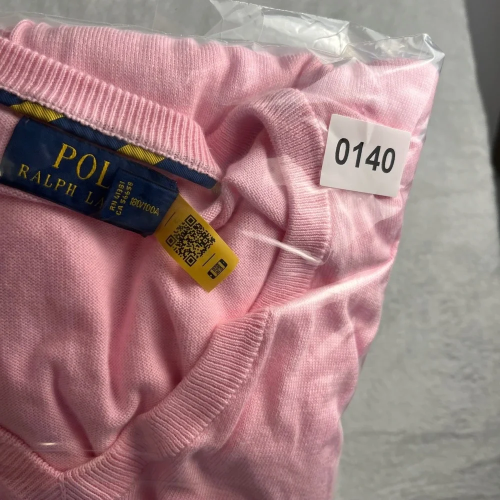 Polo Ralph Lauren Pink Pima Cotton V-Neck Sweater Mens Large Navy Pony Logo